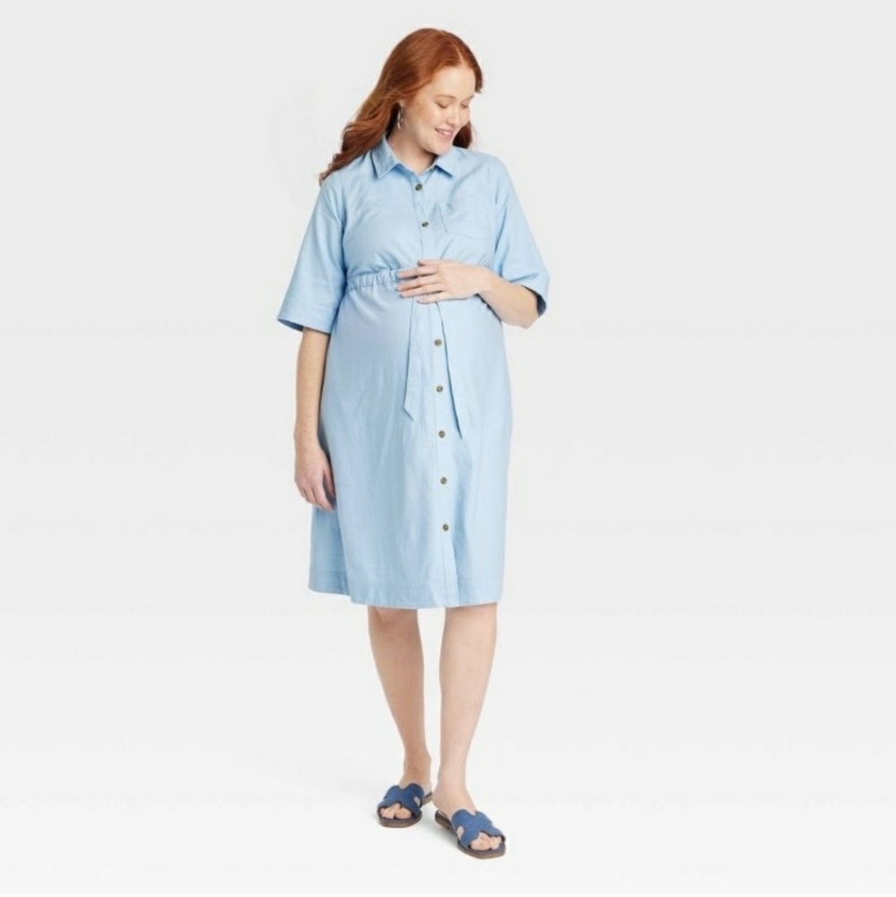 Light Blue Midi Maternity Linen Shirtdress w/ Pockets - Isabel Maternity XXL